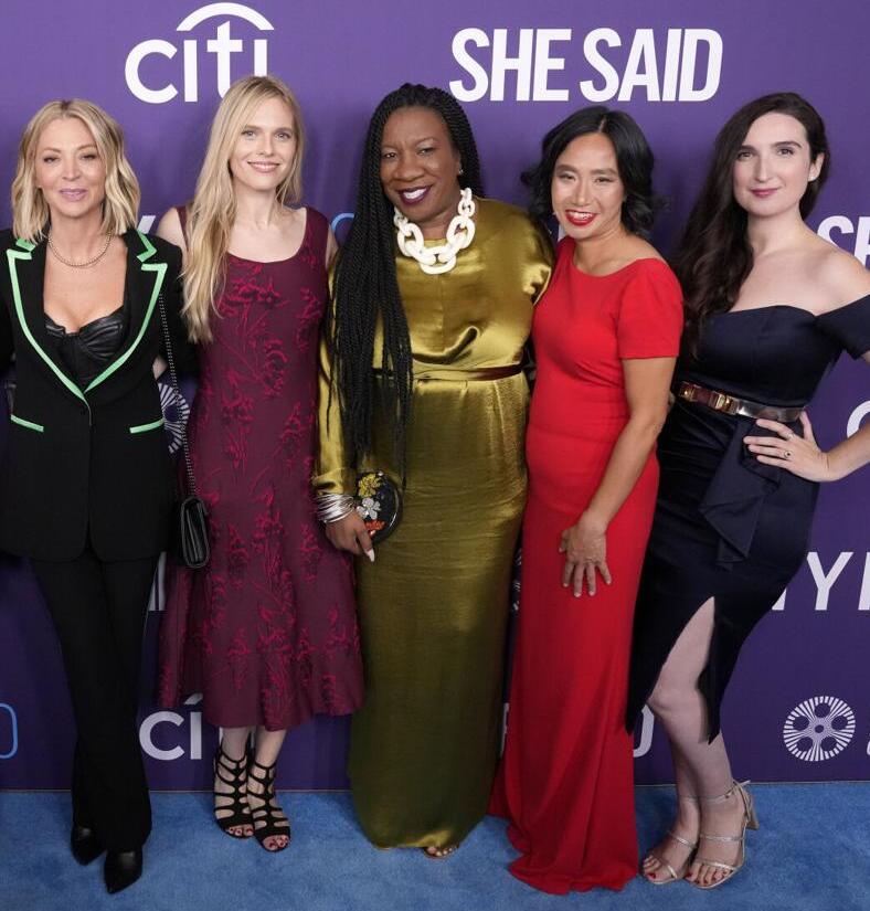 L to R: Katherine Kendall, Jasmine Lobe, Tarana Burke, Rowena Chiu, and Sarah Ann Masse attend the premiere of "She Said" at Alice Tully Hall during the 60th New York Film Festival on Thursday, Oct. 13, 2022, in New York.