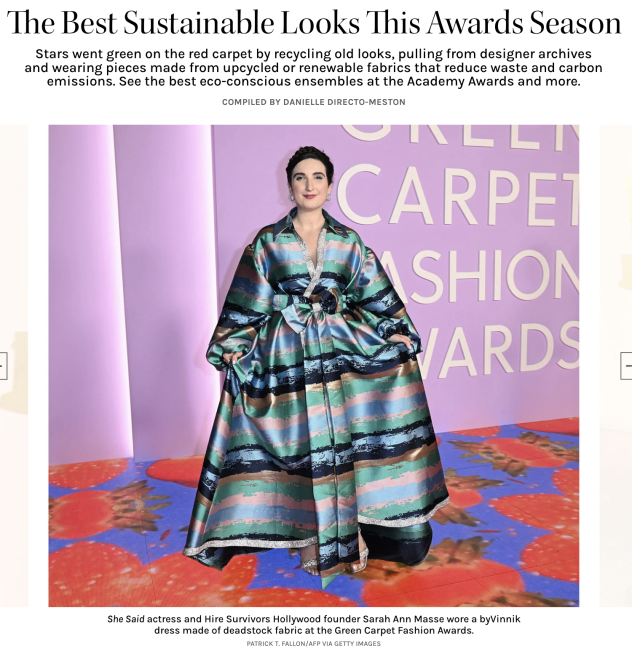 Sarah Ann Masse wears ethical and sustainable designer by vinnik at The Green Carpet Awards, is featured as "The Best Sustainable Fashion Looks This Awards Season" by The Hollywood Reporter. Styled by Kat Eves.
