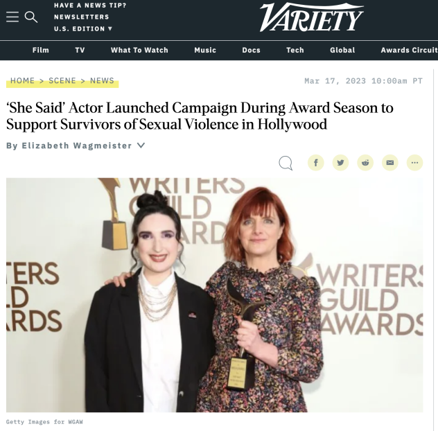 Sarah Ann Masse and Rebecca Lenkiewicz wearing Hire Survivor's Hollywood pins at the WGA Awards, featured in Variety