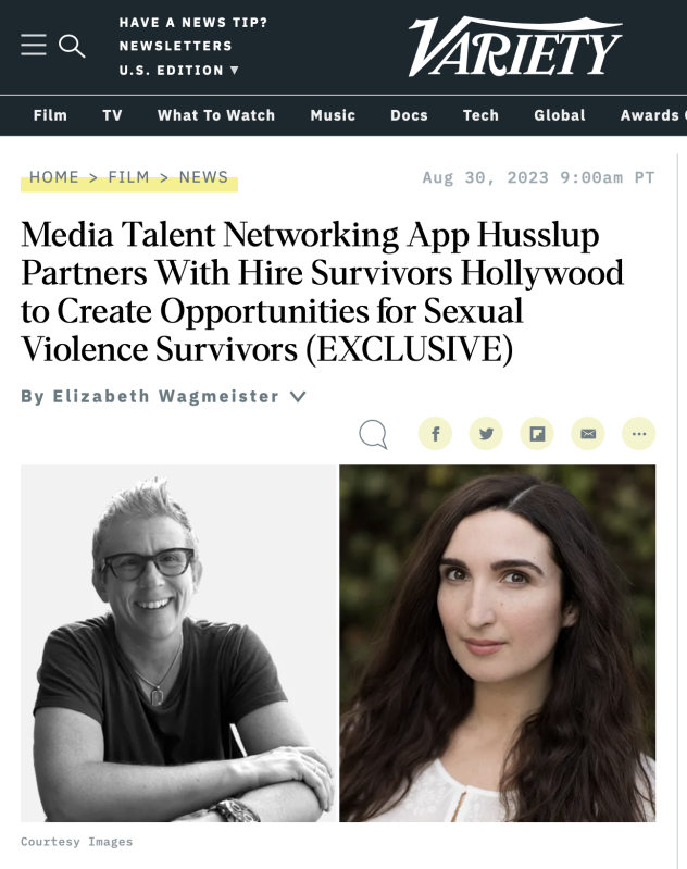 Sarah Ann Masse and H Schuster of Hire Survivors Hollywood and Husslup featured in Variety
